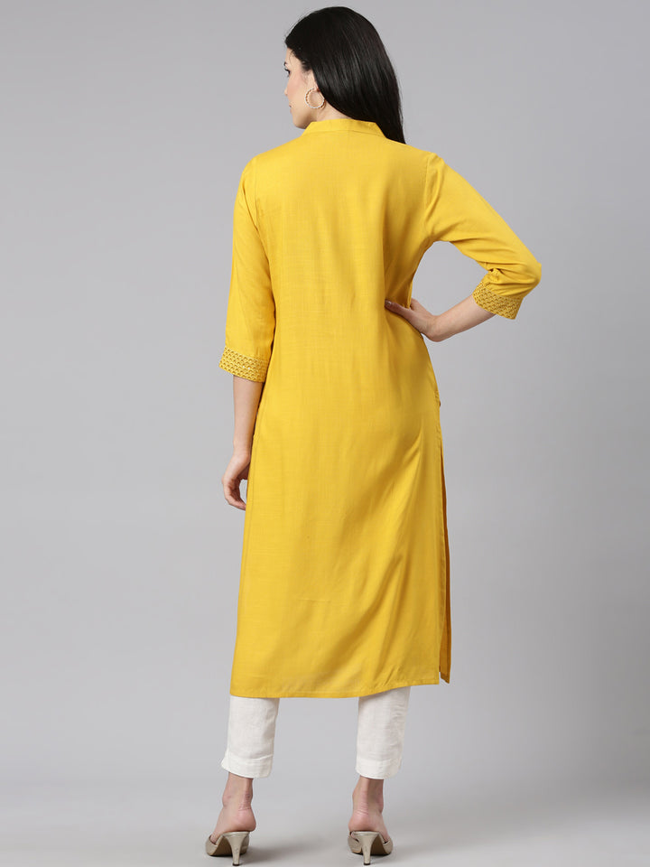 Neerus Yellow Tiered Straight Solid Kurtas