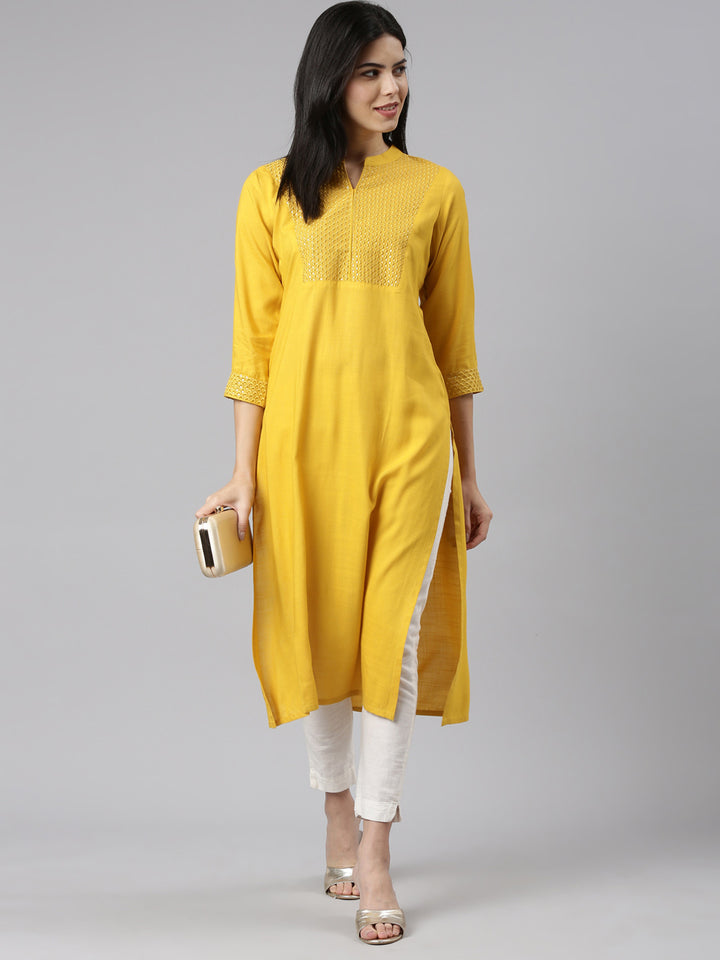 Neerus Yellow Tiered Straight Solid Kurtas