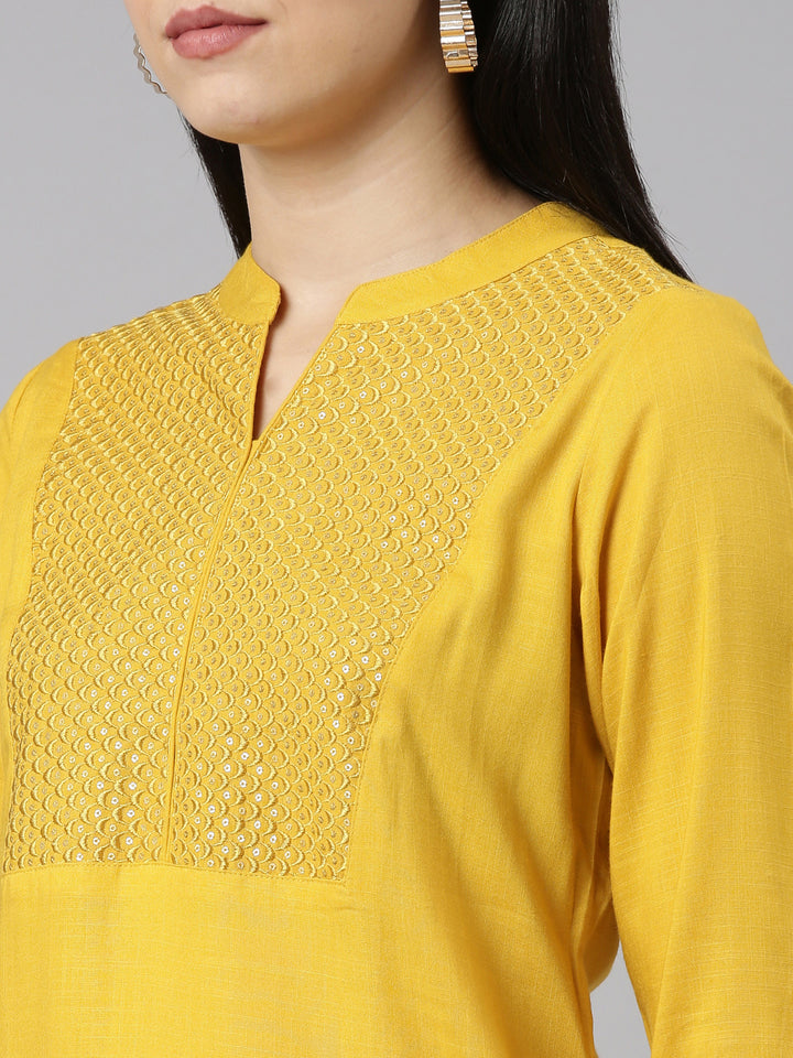 Neerus Yellow Tiered Straight Solid Kurtas