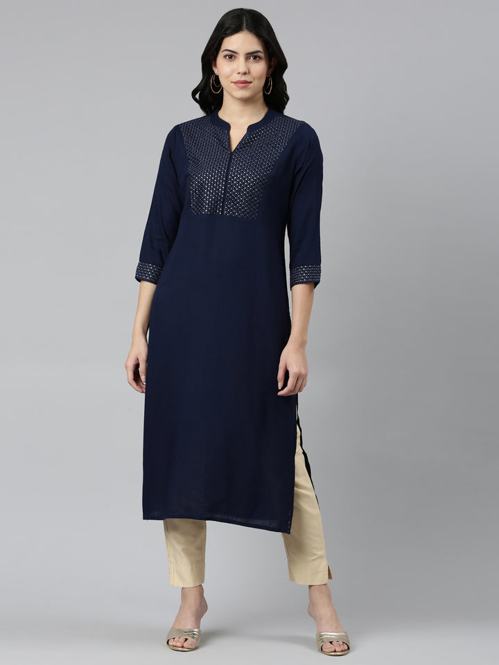 Neerus Navy Blue Tiered Straight Solid Kurtas