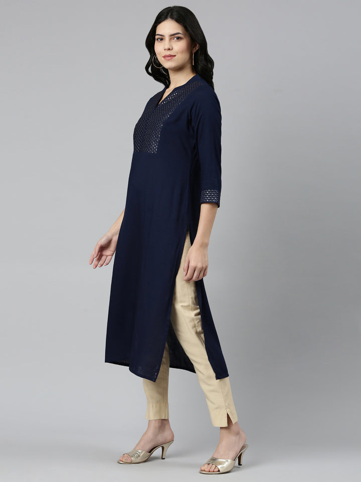 Neerus Navy Blue Tiered Straight Solid Kurtas