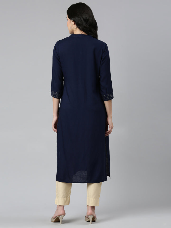 Neerus Navy Blue Tiered Straight Solid Kurtas
