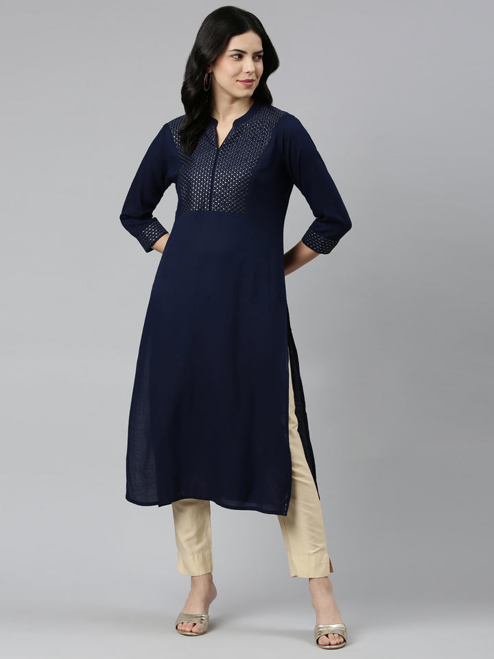 Neerus Navy Blue Tiered Straight Solid Kurtas