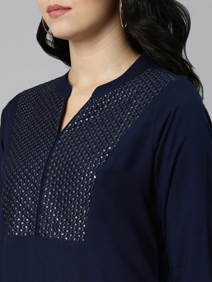 Neerus Navy Blue Tiered Straight Solid Kurtas