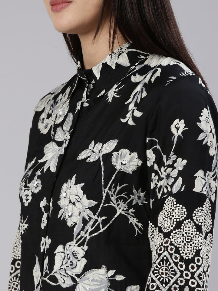 Neerus Black Regular Straight Printed Kurta And Trousers