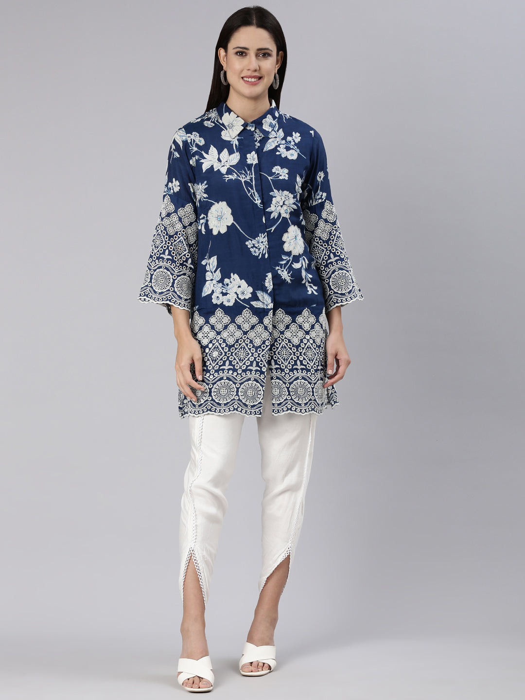 Neerus Blue printed straight kurta set - front view