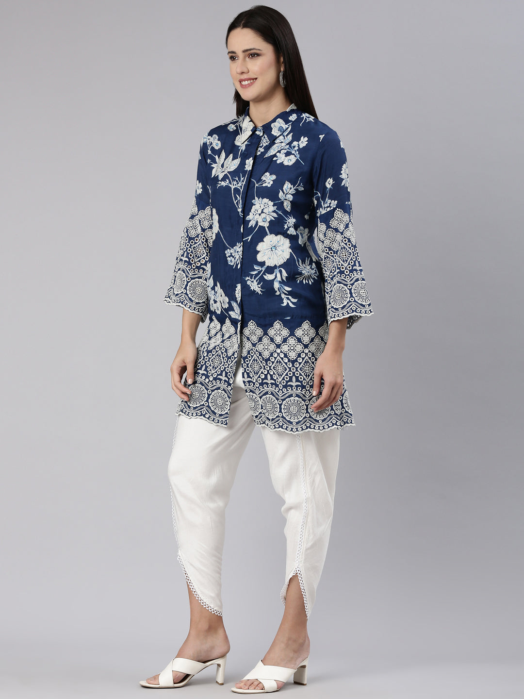 Neerus Blue printed straight kurta set - back view