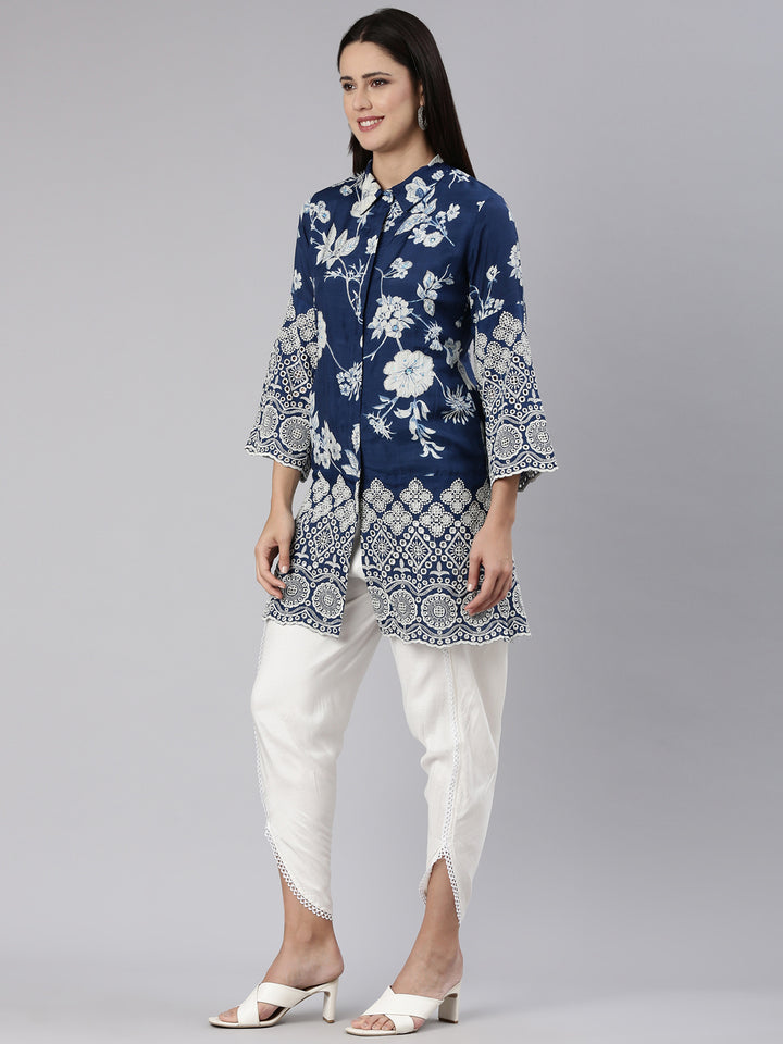 Neerus Blue printed straight kurta set - back view