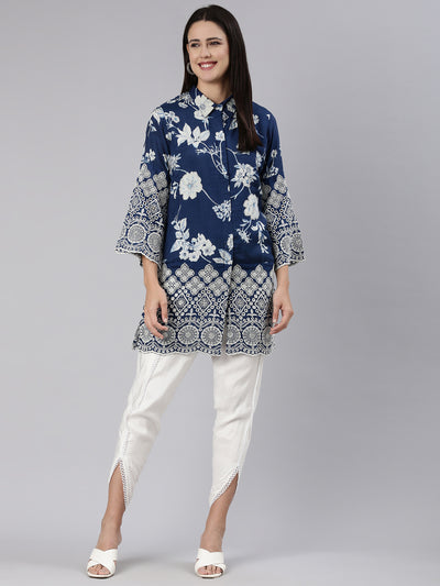 Neerus Blue Regular Straight Printed Kurta And Trousers