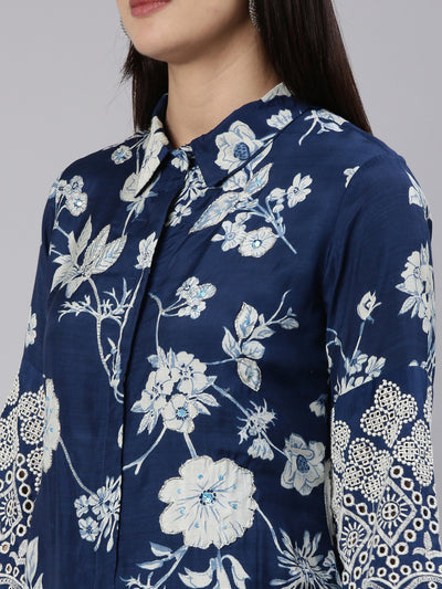 Neerus Blue Regular Straight Printed Kurta And Trousers