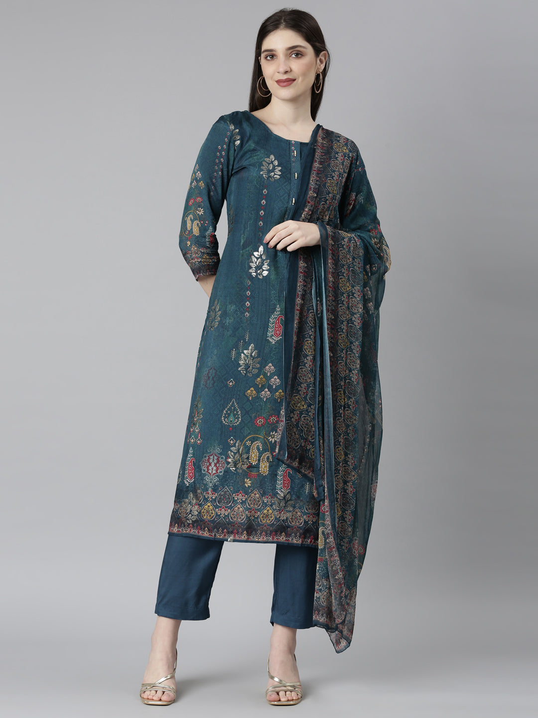 Neerus Green printed floral kurta set with trouser and dupatta - front view