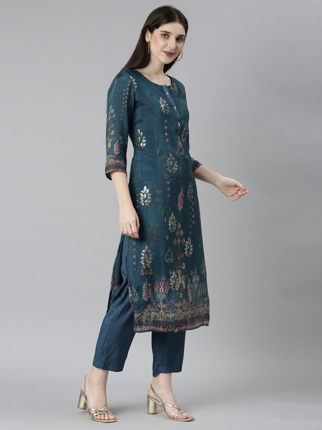 Neerus Green printed floral kurta set with trouser and dupatta - back view