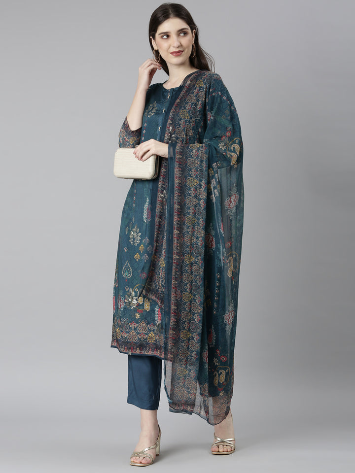 Neerus Green printed floral kurta set with trouser and dupatta - detail view 1