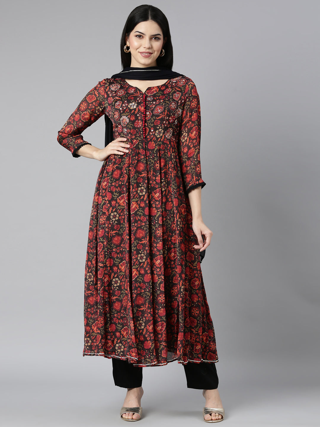 Neerus Black Chinon Printed Kurta Set - front view