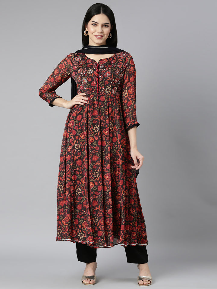 Neerus Black Chinon Printed Kurta Set - front view