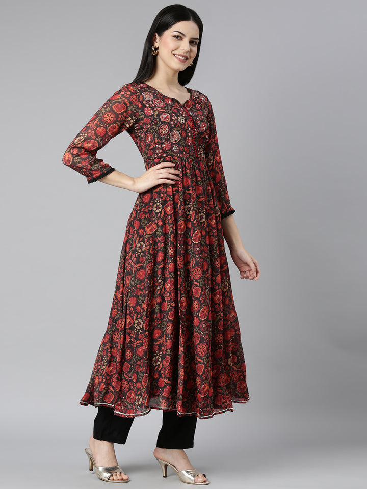 Neerus Black Chinon Printed Kurta Set - back view