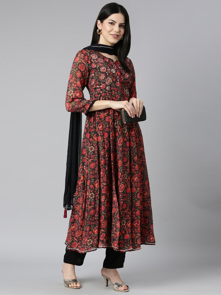 Neerus Black Chinon Printed Kurta Set - detail view 2