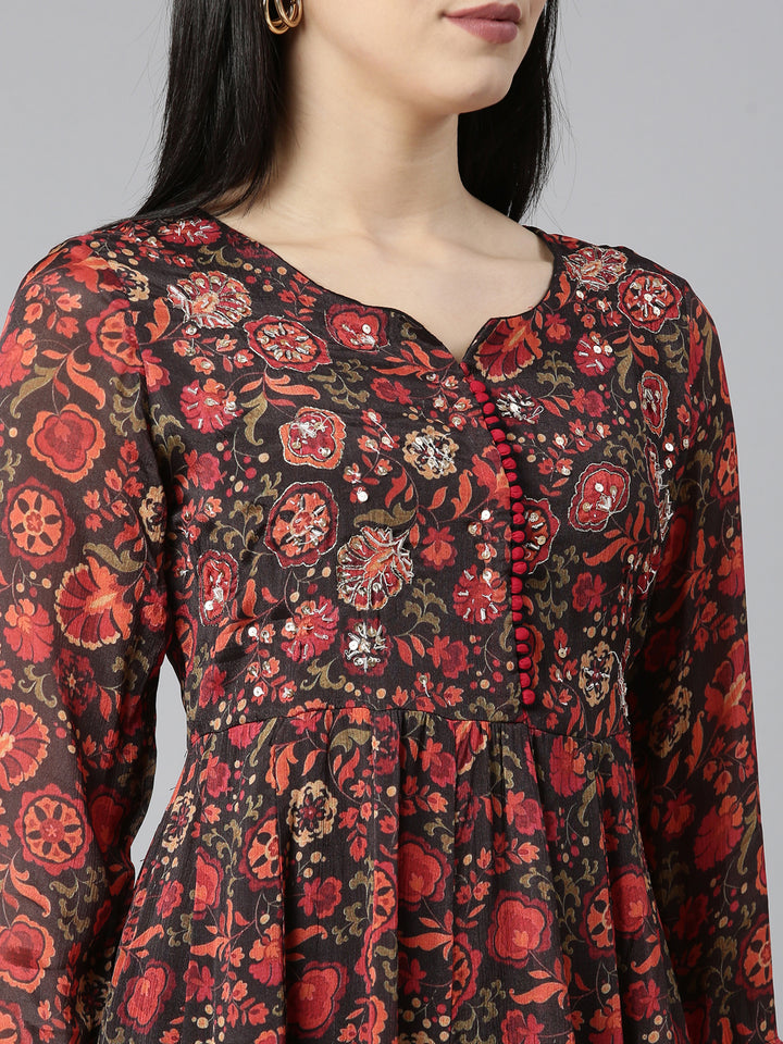 Neerus Black Chinon Printed Kurta Set - detail view 1
