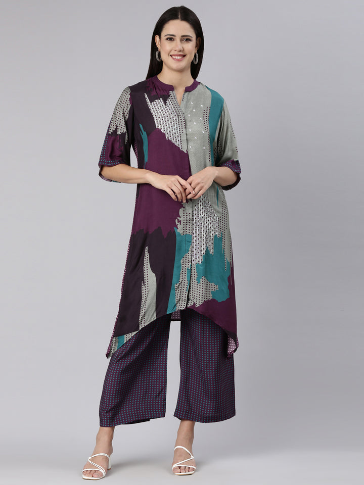 Neerus Purple muslin printed kurta set with palazzo - front view