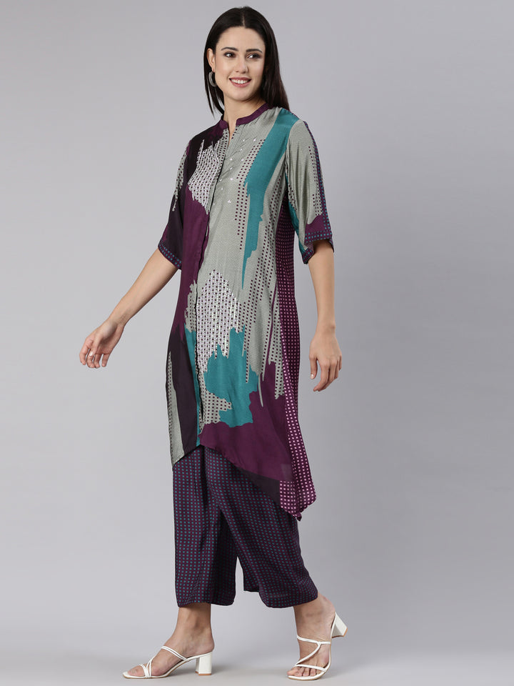 Neerus Purple muslin printed kurta set with palazzo - back view