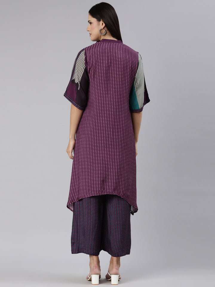 Neerus Purple muslin printed kurta set with palazzo - side view