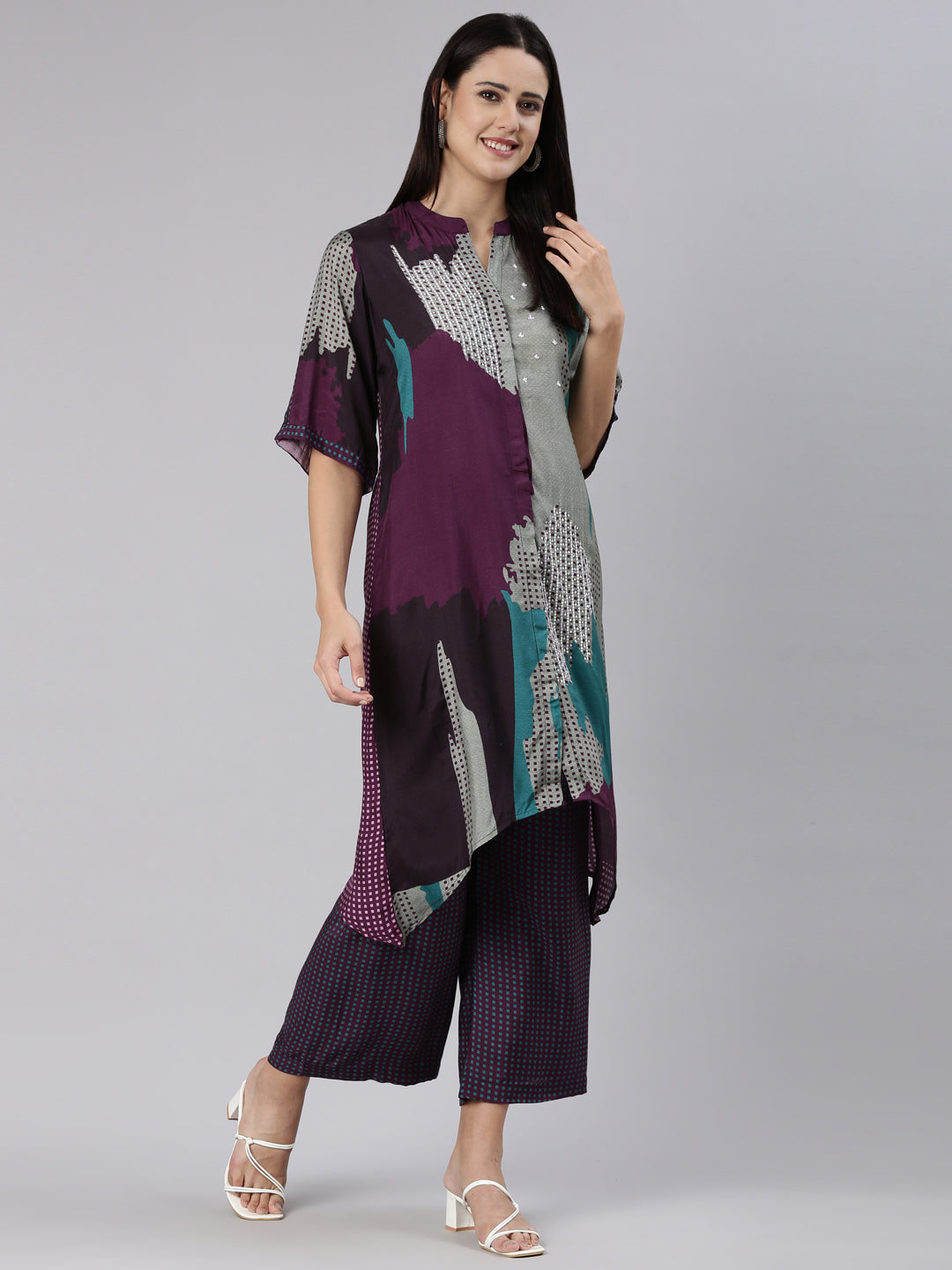 Neerus Purple muslin printed kurta set with palazzo - detail view 2