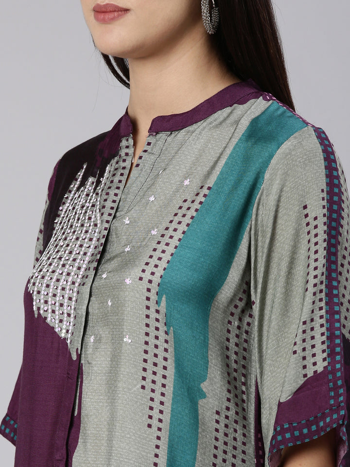 Neerus Purple muslin printed kurta set with palazzo - detail view 1