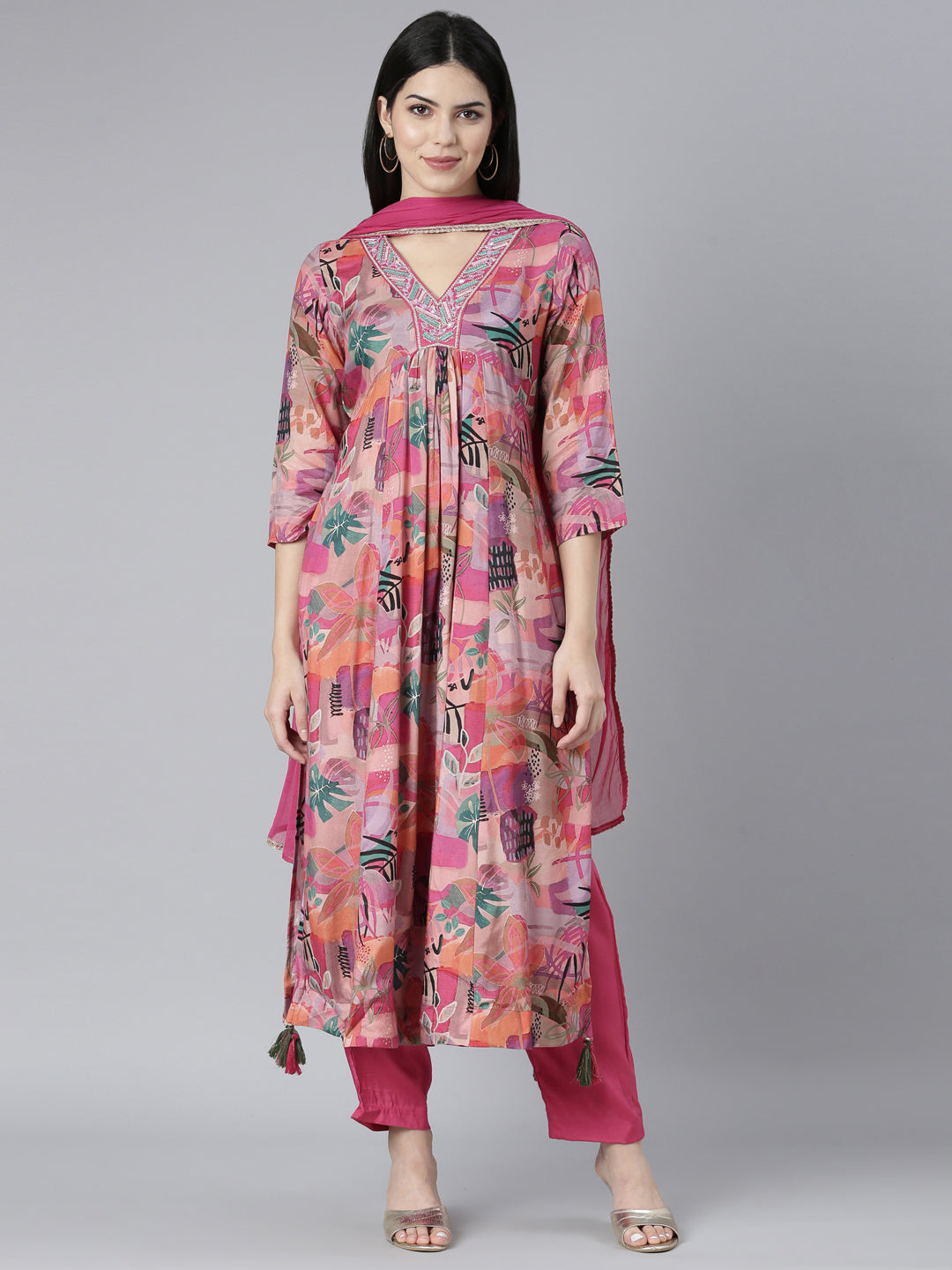 Neerus Pink printed floral kurta set with trouser and dupatta - front view