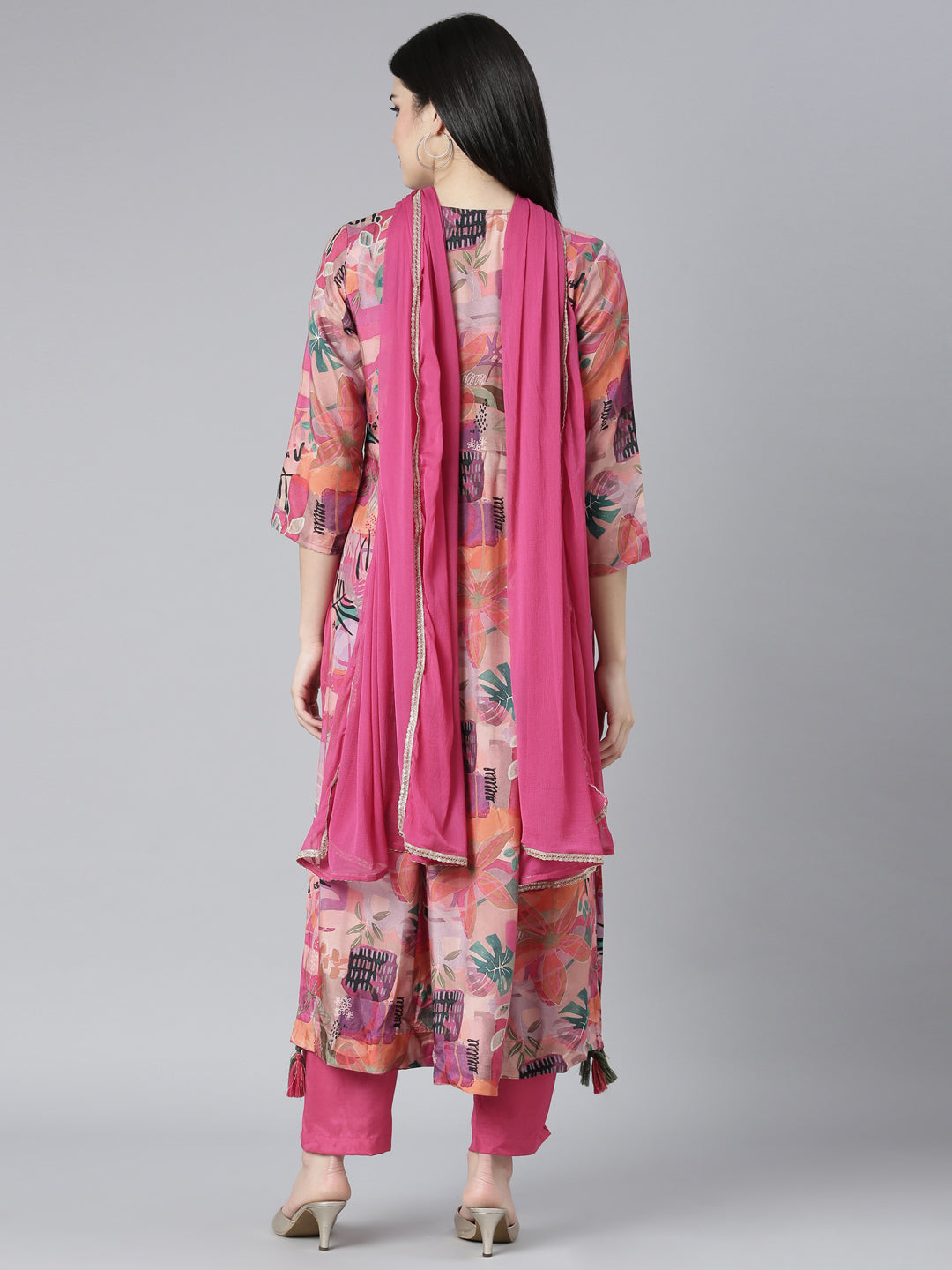 Neerus Pink printed floral kurta set with trouser and dupatta - side view