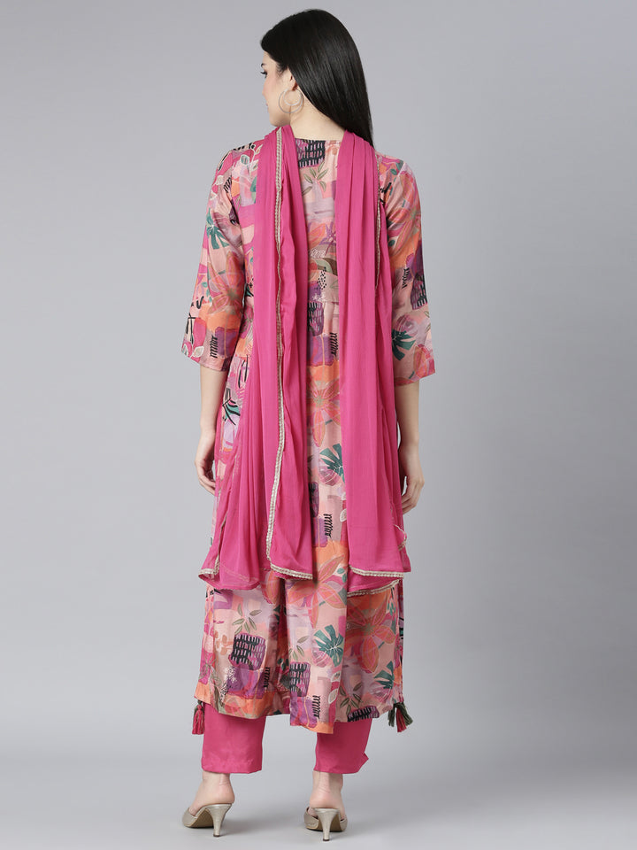 Neerus Pink printed floral kurta set with trouser and dupatta - side view