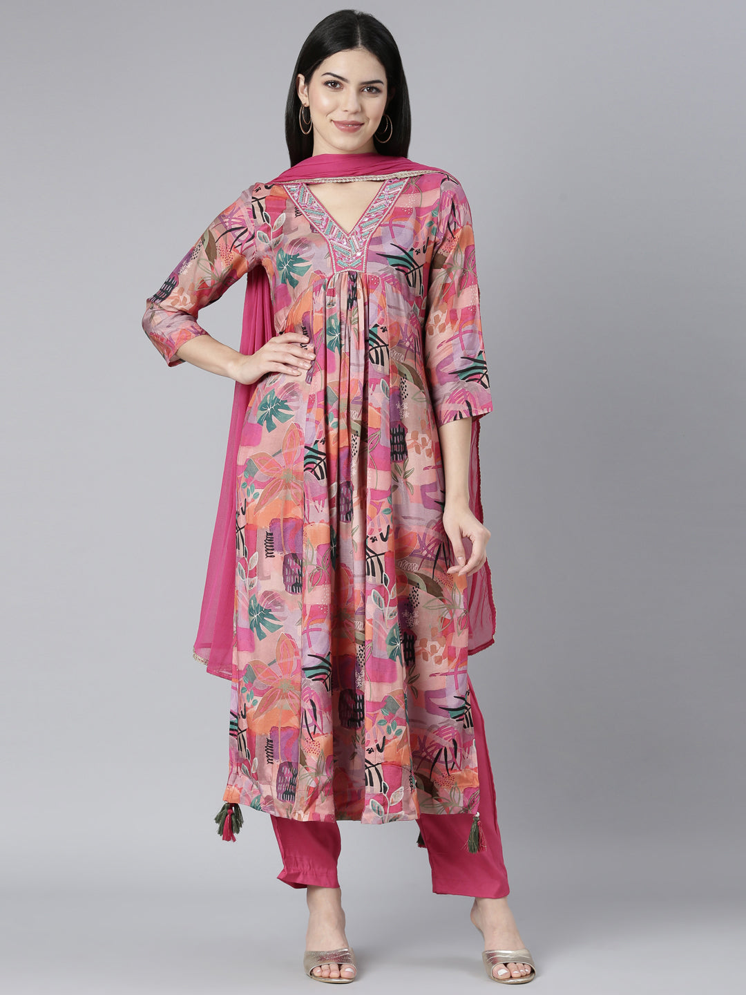 Neerus Pink printed floral kurta set with trouser and dupatta - detail view 2