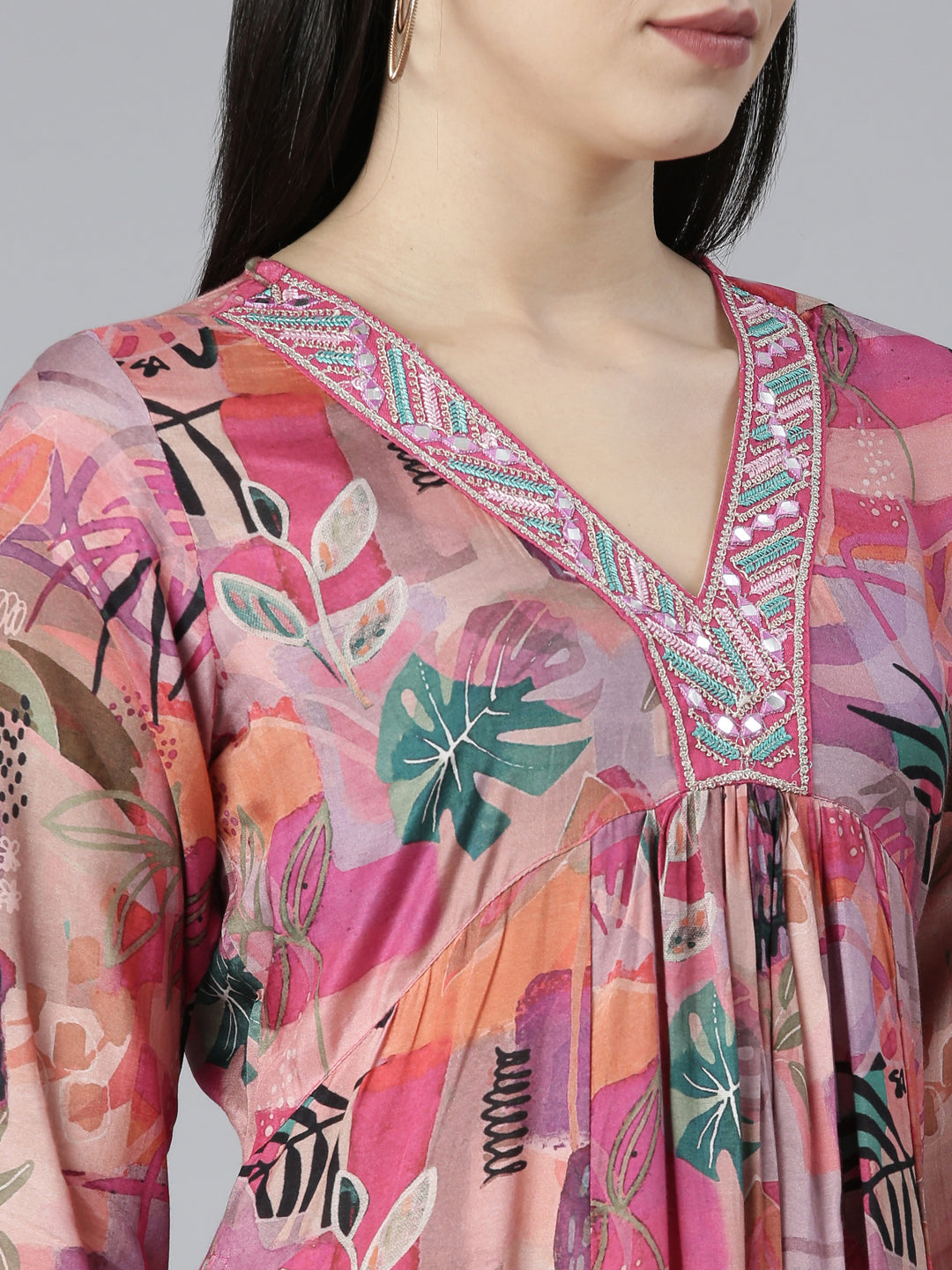 Neerus Pink printed floral kurta set with trouser and dupatta - detail view 1