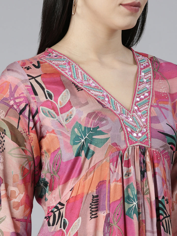 Neerus Pink printed floral kurta set with trouser and dupatta - detail view 1