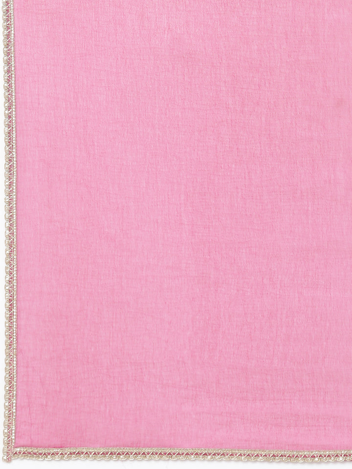 Neerus Pink printed floral kurta set with trouser and dupatta - detail view 4