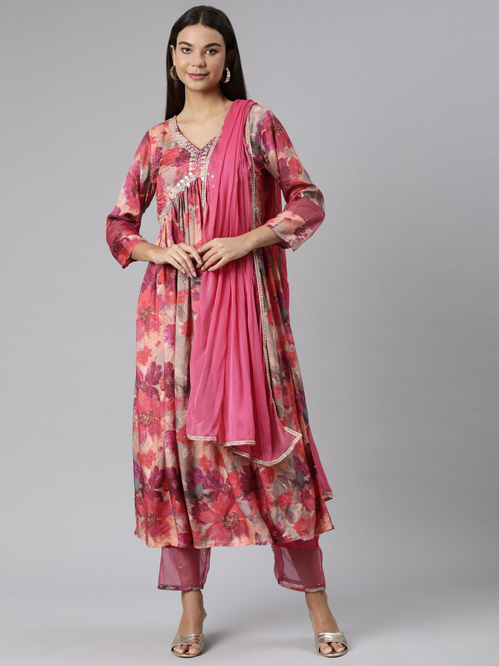 Neerus Magenta Regular Straight Floral Readymade suits
