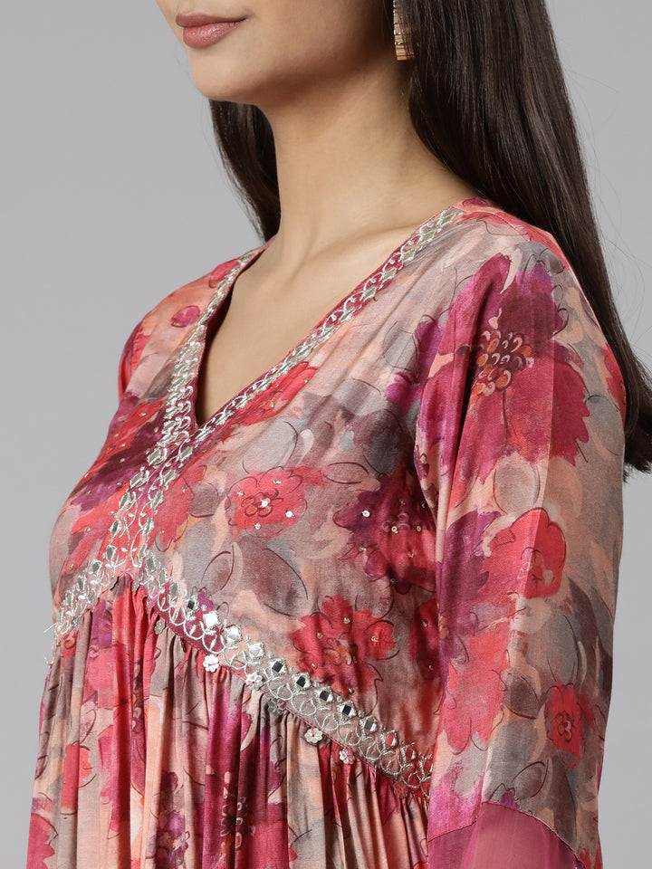 Neerus Magenta Regular Straight Floral Readymade suits