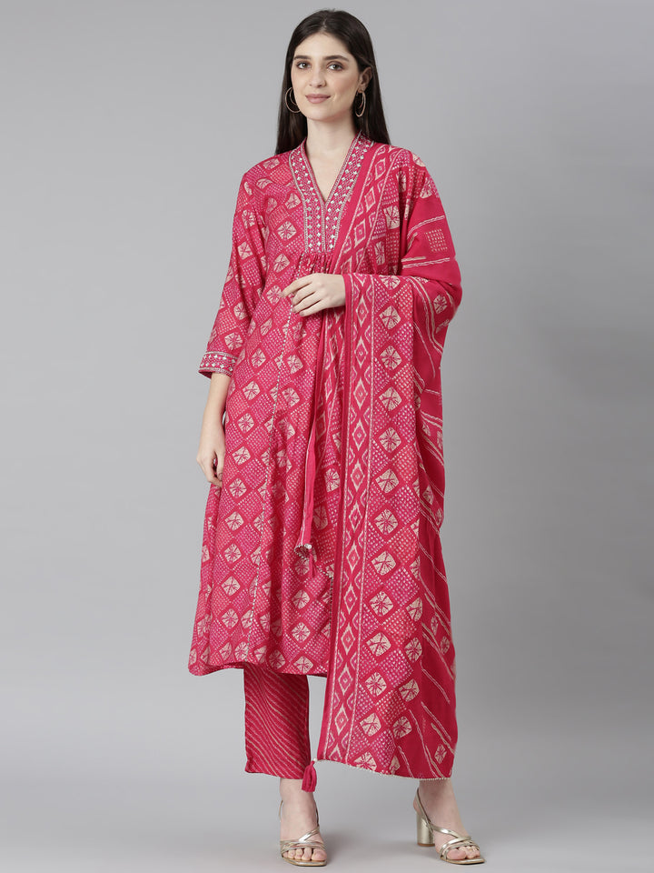 Neerus Pink Regular Straight Bandhani Kurta And Trousers With Dupatta