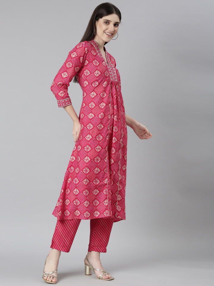 Neerus Pink Regular Straight Bandhani Kurta And Trousers With Dupatta