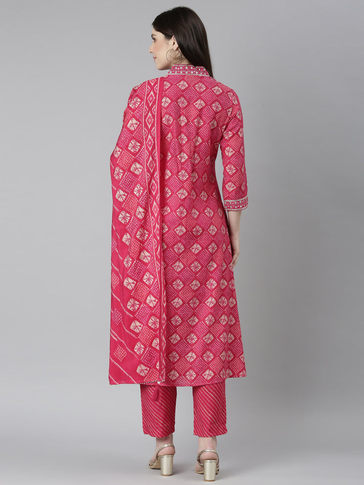 Neerus Pink Regular Straight Bandhani Kurta And Trousers With Dupatta