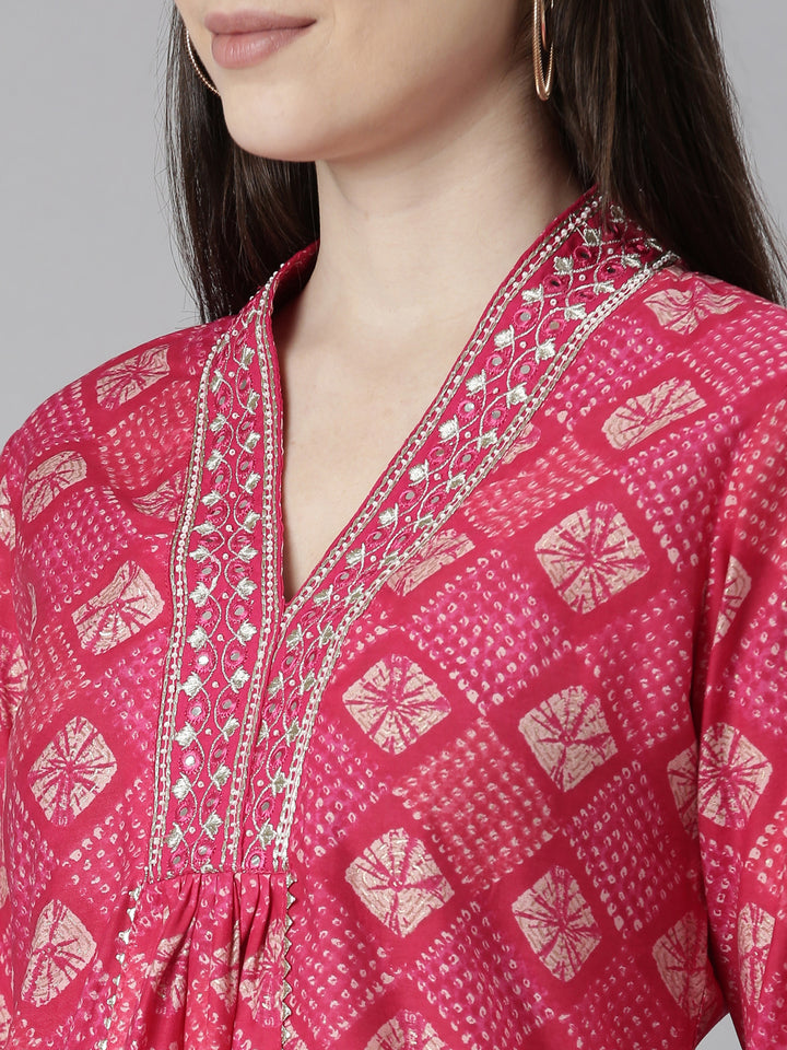 Neerus Pink Regular Straight Bandhani Kurta And Trousers With Dupatta