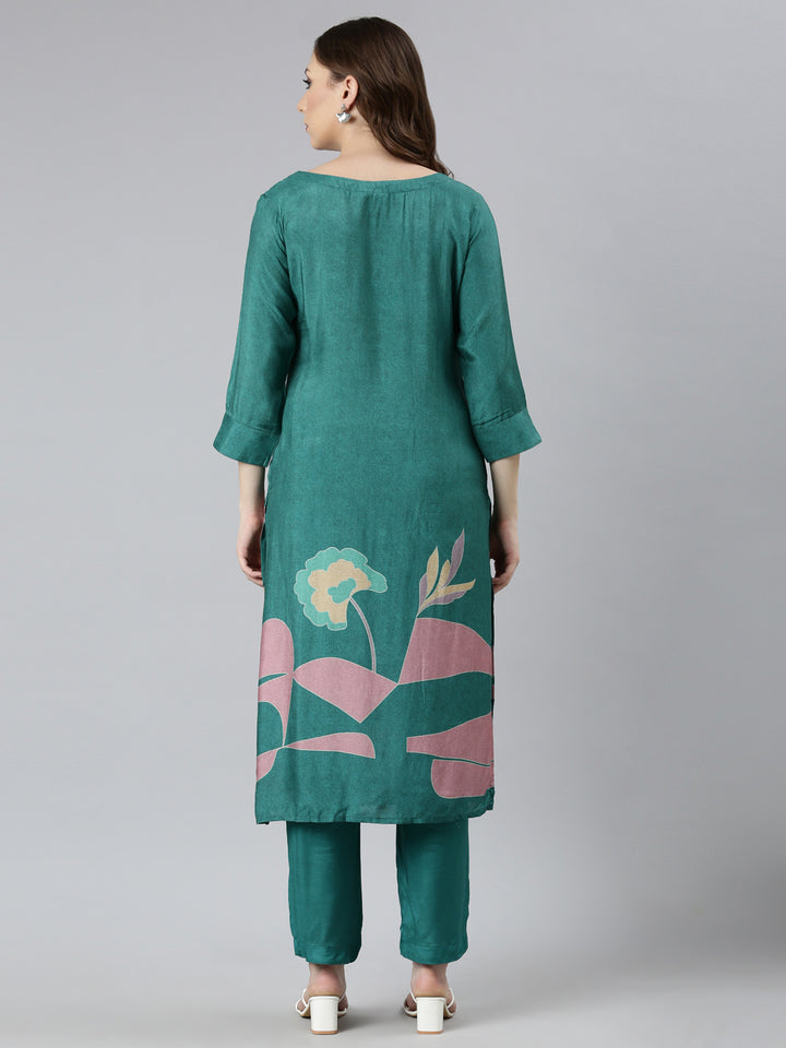 Neerus Green Regular Straight Floral Kurta And  Trousers