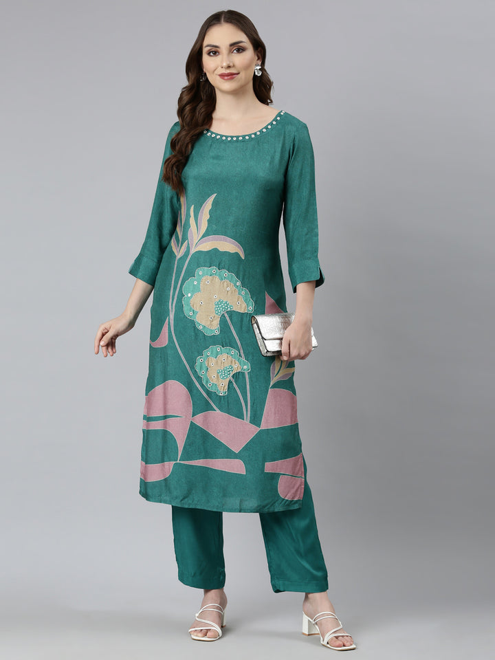 Neerus Green Regular Straight Floral Kurta And  Trousers