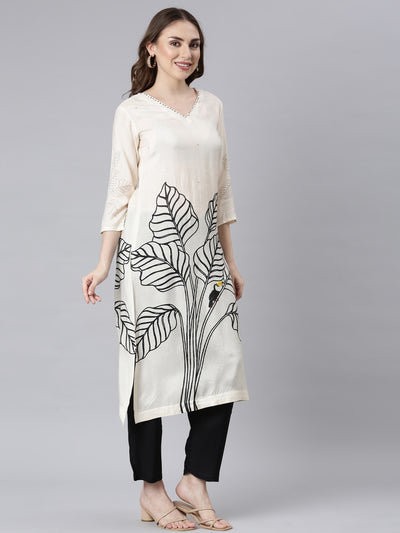 Neerus Off White Panelled Straight Floral Kurta And Trousers With Dupatta