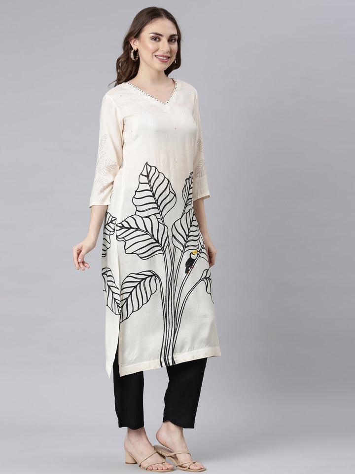 Neerus White Floral Printed Straight Suit Set - side view