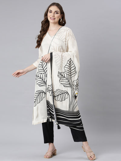 Neerus Off White Panelled Straight Floral Kurta And Trousers With Dupatta