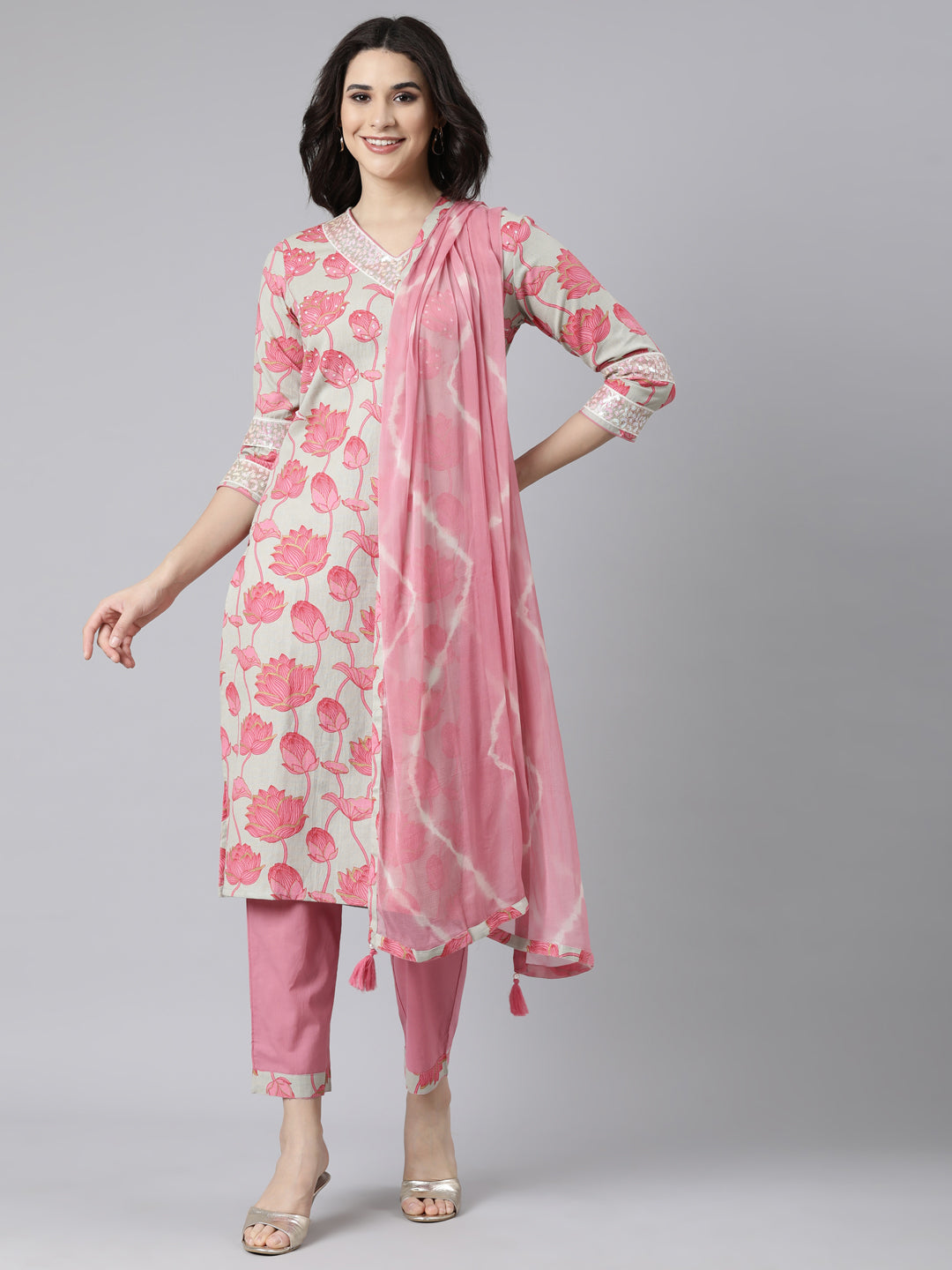 Neerus Pink printed floral suit set - front view