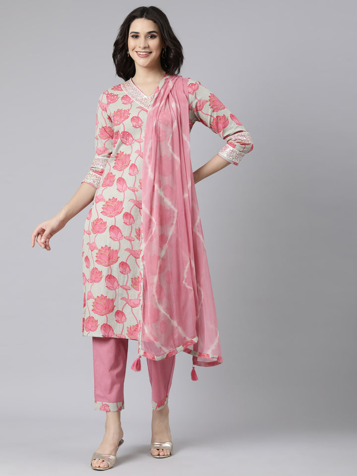 Neerus Pink printed floral suit set - front view