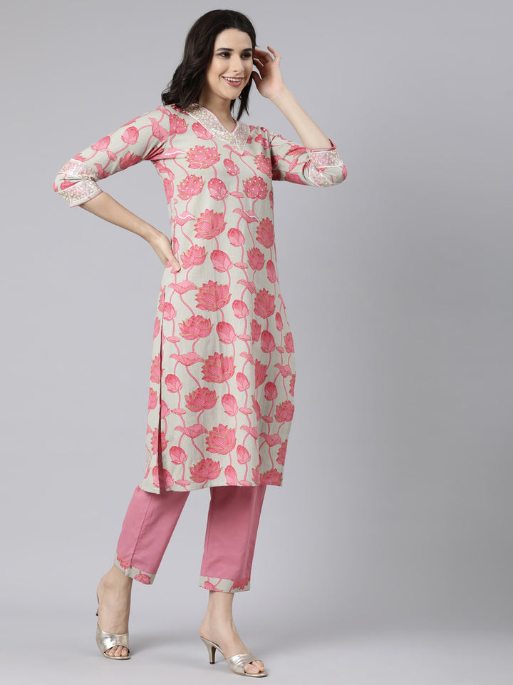 Neerus Pink printed floral suit set - back view