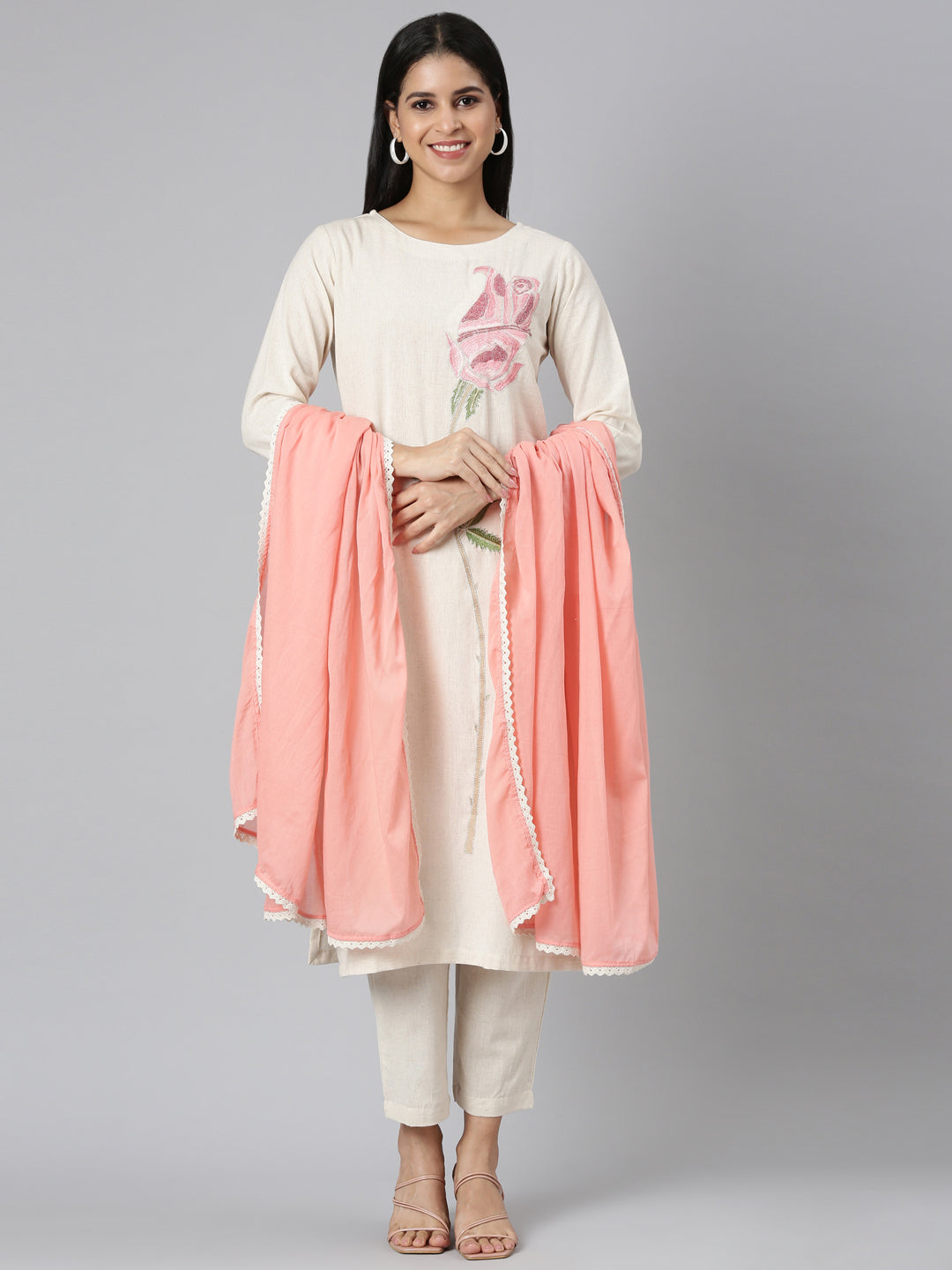 Neerus White solid straight suit set with dupatta - front view