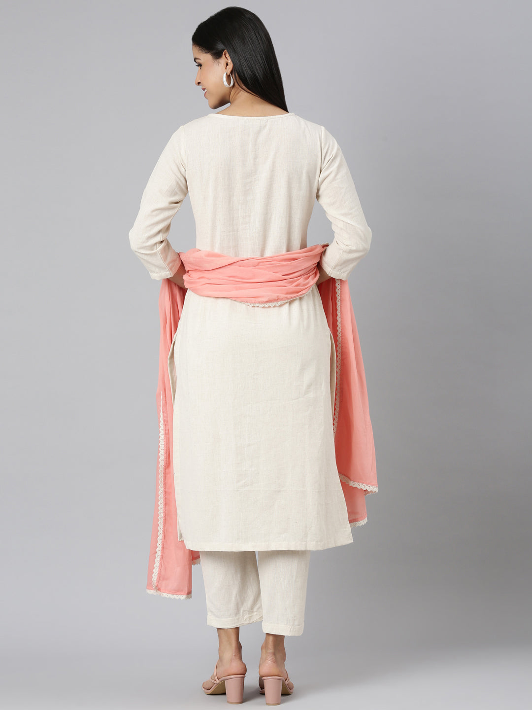 Neerus White solid straight suit set with dupatta - side view